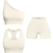 Photo 1 of Size S--OQQ Women's 3 Piece Outfits Ribbed Seamless Exercise Scoop Neck Sports Bra One Shoulder Tops High Waist Shorts Active Set Beige2