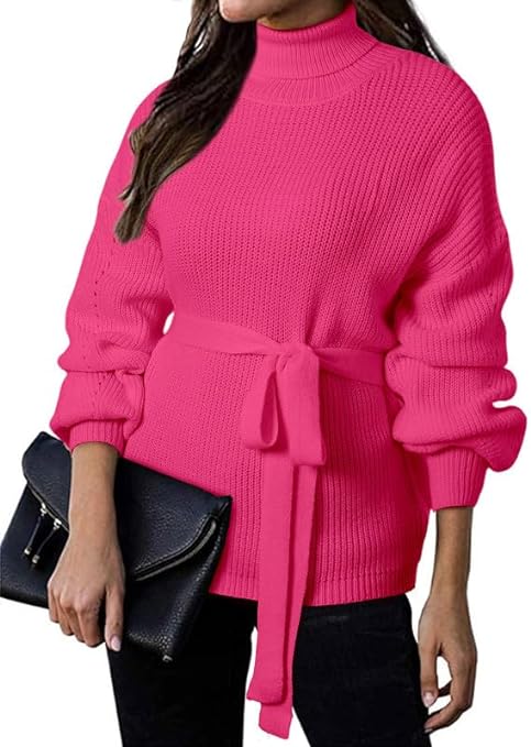 Photo 1 of Size M---Dokotoo Long Sleeve Sweater for Women Fall Outfits Clothes Business Casual Vintage Cable Knit Crop Tops Turtleneck Tie Waist Thick Christmas Sweaters 