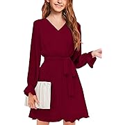 Photo 1 of Girl Size 130---Seiciviy 2024 Girls Dresses Long Sleeve Kids Pleated Dress Wrap Belt Flowy Teen Girls Fashion Clothes Outfits Wine Red