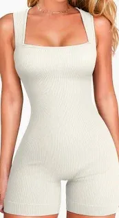 Photo 1 of Size L---OQQ Women's Yoga Ribbed One Piece Tummy Control Shoulder JumpSuit Romper, Beige, Large