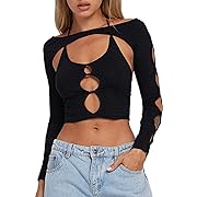 Photo 1 of Size XL--Remidoo Women's Sexy Off The Shoulder Cut Out Halter Long Sleeve Crop Top T Shirt Cut Out-Black X-Large