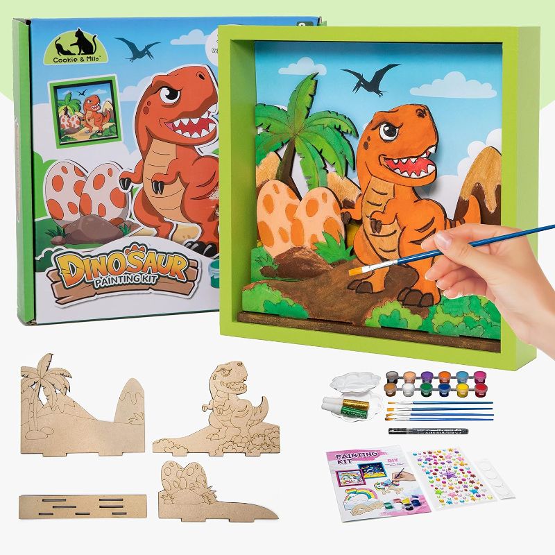 Photo 1 of Cookie & Milo, 3D Coloring Kit - Dinosaur, Color Your Own Dinosaur, Wood Cutouts Painting kit, Arts and Crafts Kit, DIY Home Decor, Boys Gift, Girls Gift, Gift idea
