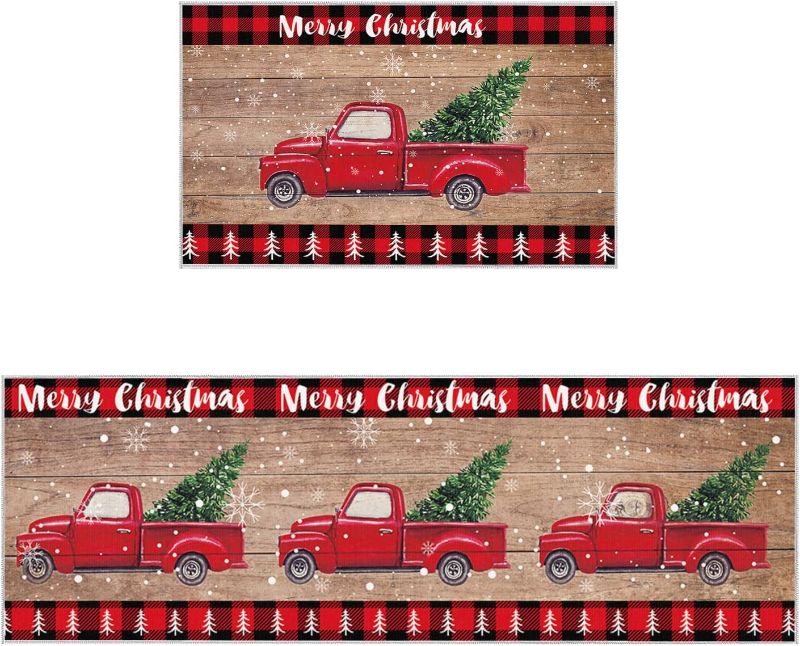 Photo 1 of Merry Chirstmas Kitchen Rugs Sets 2 Piece Floor Mats Xmas Tree Snow Red Truck Buffalo Plaid Wood Doormat Non-Slip Rubber Backing Area Rugs Carpet Inside Door Mat Pad Sets-15.7" x 23.6"+15.7" x 47.2"
