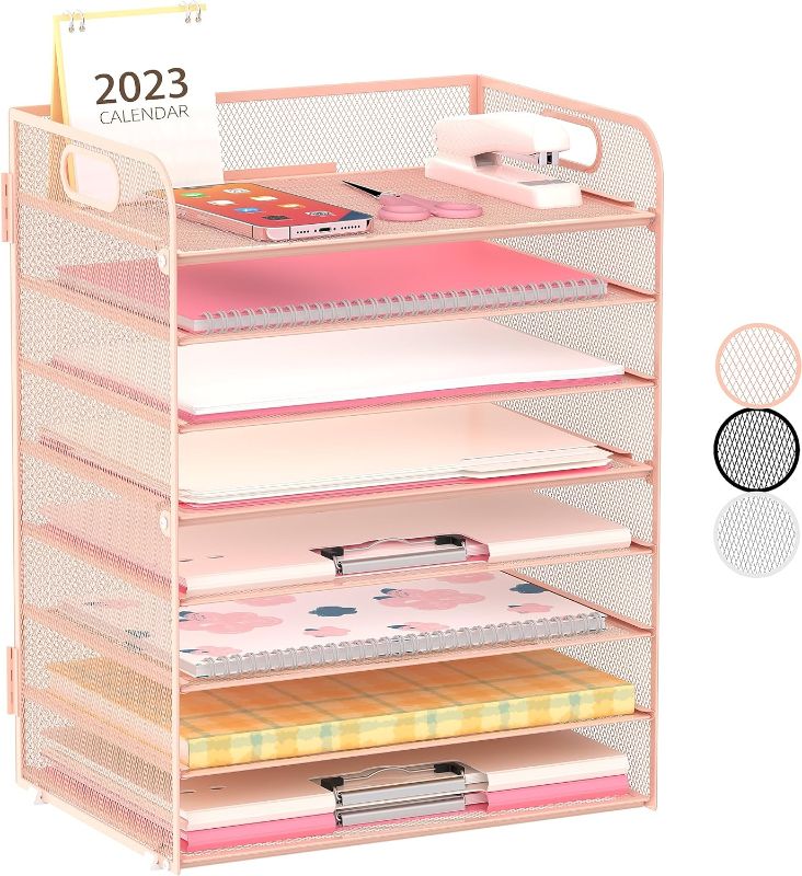 Photo 1 of JMHUD 8-Tier Paper Letter Tray Organizer with Handles, Desk Organizers & Accessories, Desk Paper Organizer for Office, Home or School, Pink
