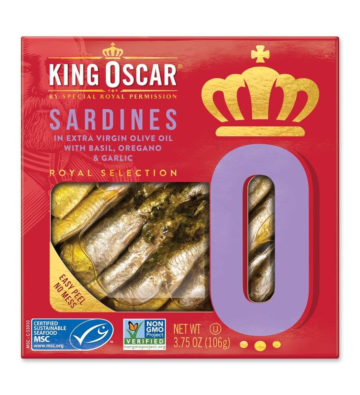 Photo 1 of King Oscar Royal Selection Sardines In Extra Virgin Olive Oil, Basil, Oregano & Garlic, 3.75 Oz
 2 PACK EXP DEC 2025
