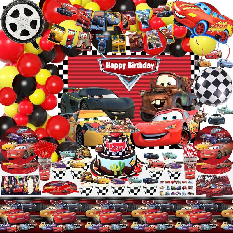 Photo 1 of 301 Pcs Cars Birthday Party Supplies, Race Car Birthday Party Decorations, Race Car Birthday Decorations Include Banner, Balloons, Backdrop, Cupcake Toppers, Tableware and Stickers
