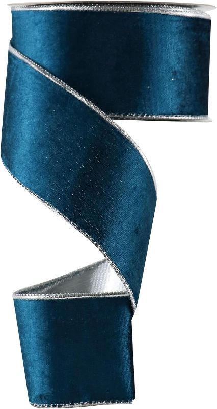 Photo 1 of  DINDOSAL Teal Velvet Ribbon Wired 2.5" x 10 Yards Teal Christmas Wired Ribbon with Silver Back Peacock Blue Silver Wired Ribbon for Wreaths, Tree Topper Bows, Crafts, Home Decor, Gift Wrapping
