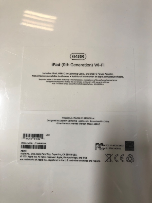Photo 1 of Apple iPad (9th Generation): with A13 Bionic chip, 10.2-inch Retina Display, 64GB, Wi-Fi, 12MP front/8MP Back Camera, Touch ID, All-Day Battery Life – Silver
 N(FACTORY SEALED)
