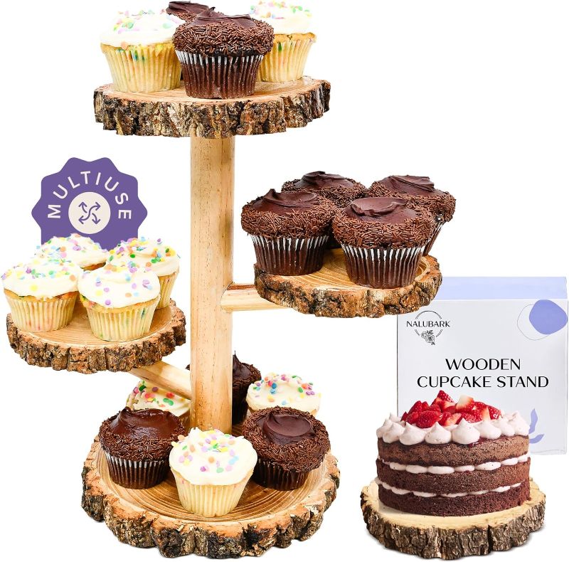 Photo 1 of 4 Tier Wooden Cupcake Stand, Rustic Tiered Wood Cup Cake Dessert Display - Round Tower Decor Perfect for Wedding, Baby Shower, Birthday Party - Decorative Table Tray Slice Plate Set by Nalubark
