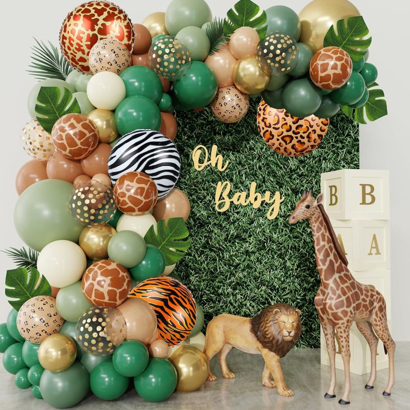 Photo 1 of 170Pcs Jungle Safari Balloons Arch Garland Kit, Sage Green Brown Foil Animal Print Balloons Palm Leaves Wild One Safari Baby Shower Decorations for Boys Tropical Woodland Birthday Party Supplies
