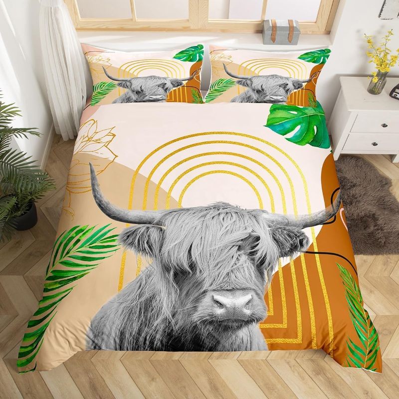 Photo 1 of Highland Cow Comforter Cover Twin Size Western Wild Animal Duvet Cover Abstract Art Bull Cattle Bedding Set for Kids Children Adults, Tropical Floral Leaves Bedspread Cover 2 Pcs with Zipper

