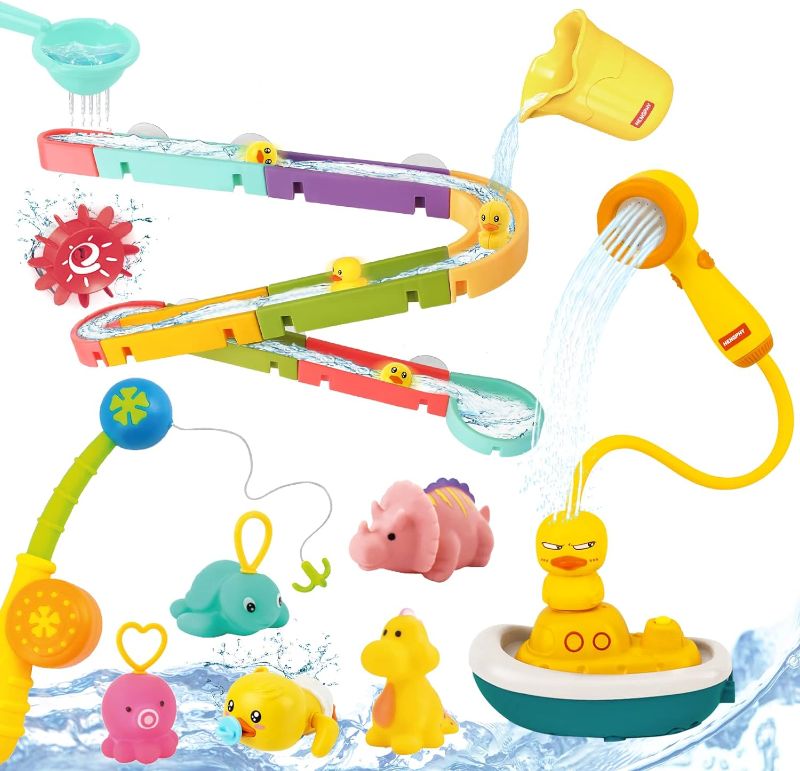 Photo 1 of Bath Toy, HENGPHY 39PCS Bathtub Toys with Marble Run, Automatic Shower, Fishing Game and Mold Free Dinosaur Toys for Baby Toddler
