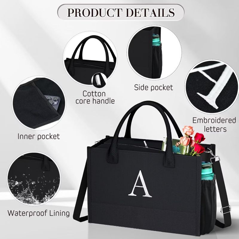 Photo 1 of QLOVEA Initial Black Canvas Tote Bag & Makeup Bag with Zipper Adjustable Strap, Personalized Present Bag for Women Birthday
