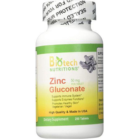 Photo 1 of Biotech Nutritions Zinc Gluconate 50 mg 250 Tablets Made in USA Vegetarian/Vegan Zinc Gluconate EXP 06/2024