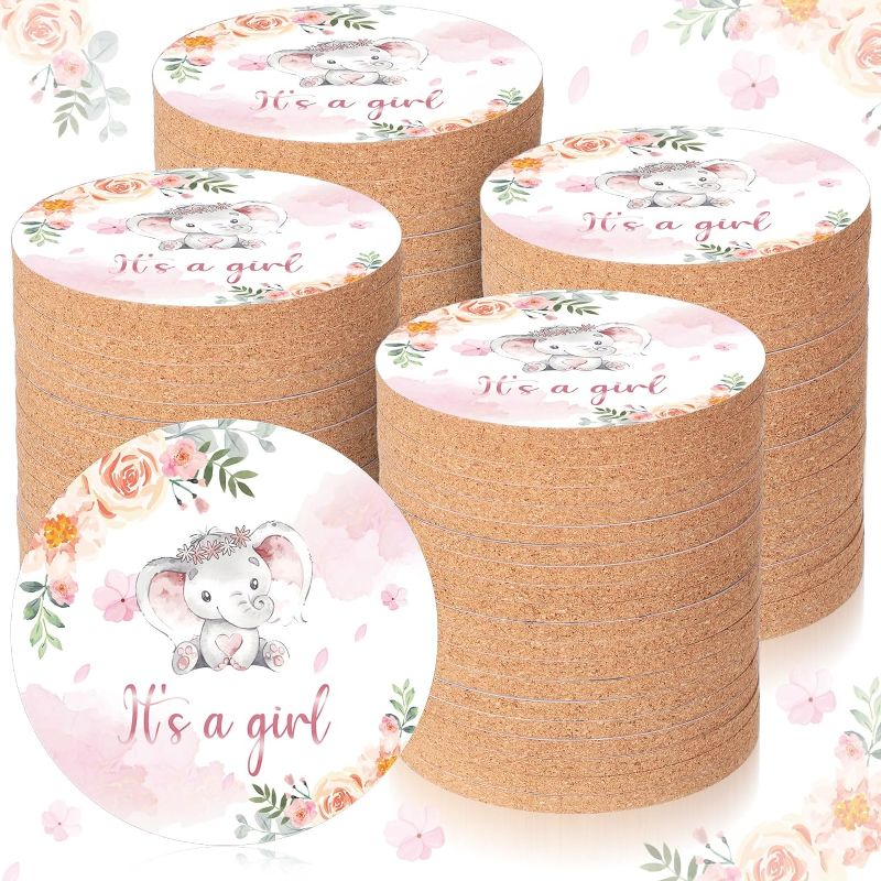 Photo 1 of Tanlade 50 Pcs Baby Shower Cork Coasters Bulk 4 Inch Reusable Coaster for Baby Shower Decoration Baby Shower Party Gift for Guests Baby Shower Souvenir Guest Bulk (Girl Style)
