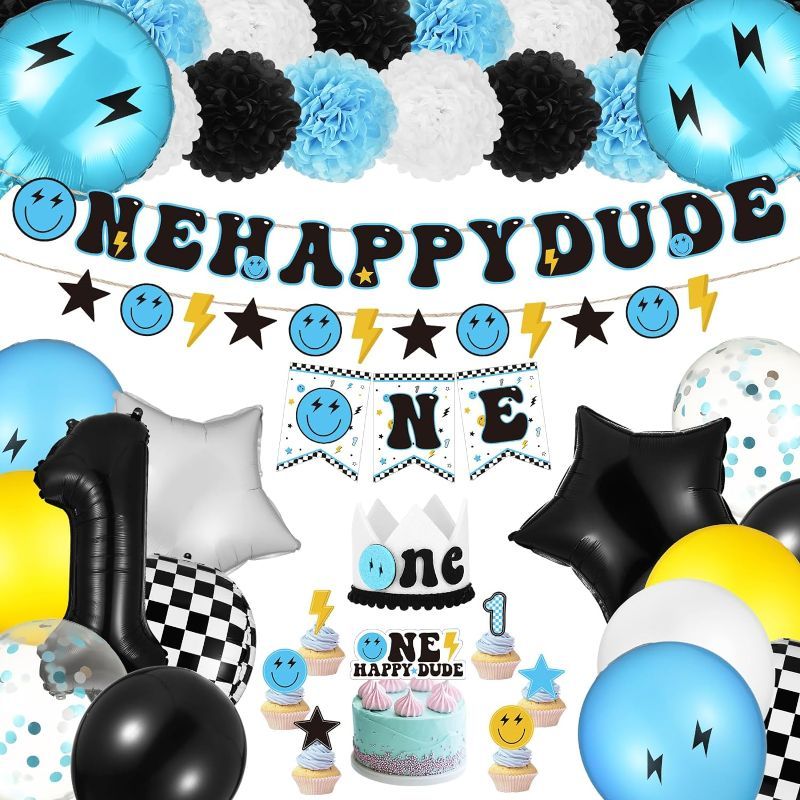 Photo 1 of Lunmon 55 Pcs One Happy Dude Birthday Decorations Blue Black White Latex Balloon Backdrop One Happy Dude Cake Topper Banner Crown for Boys First Birthday Party Supplies Hippie Party Favors

