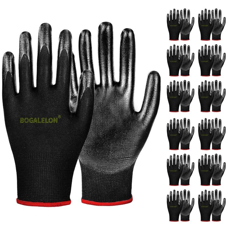 Photo 1 of Bogalelon Safety Work Gloves,12 Pairs,With Nitrile Coated Palms for Excellent Grip and Protection,Suitable for Both Men and Women and Ideal for General Work. Black, Medium.
