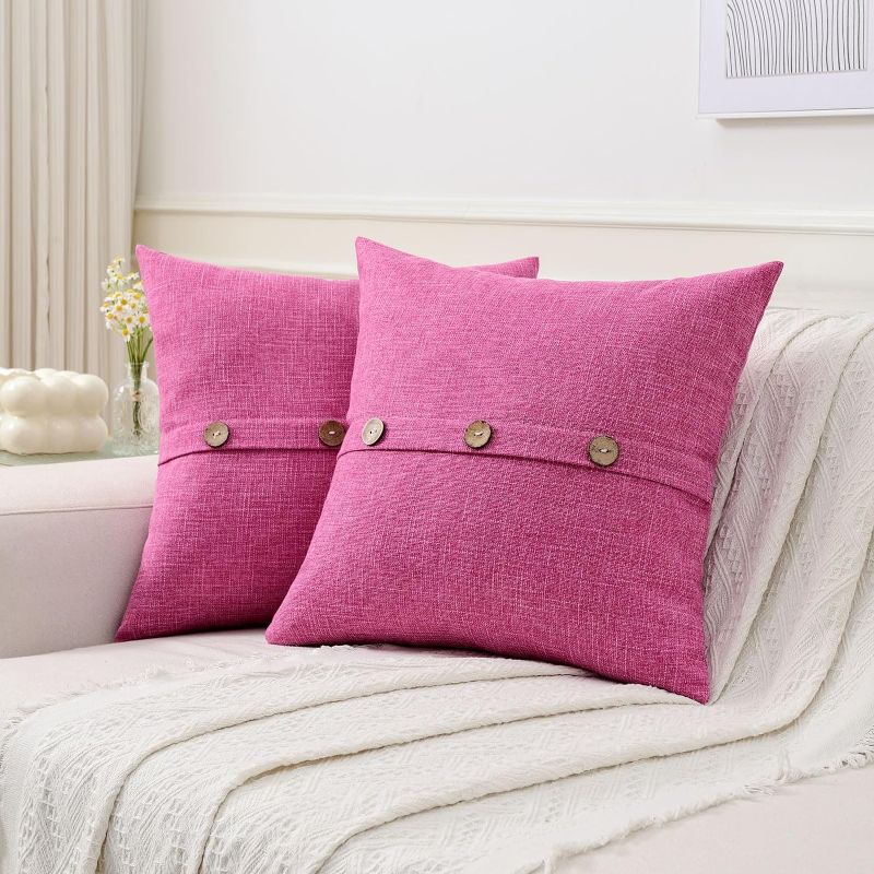 Photo 1 of Ikuoic Hot Pink Linen Decorative Throw Pillow Covers 20x20 Inch Set of 2, Square Cushion Case with 3 Vintage Buttons/Hidden Zipper,Modern Farmhouse Home Decor for Couch,Bed
