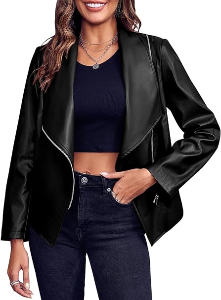 Photo 1 of Saodimallsu Women's Lapel Collar Faux Leather Jackets Long Sleeve Zipper Open Front Coats, XL
