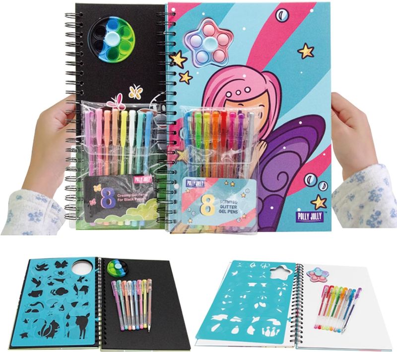 Photo 1 of Polly Jolly Kids' Drawing Kits, Spiral Notebook, Fidget Notebook and Large Drawing Book Set for Kids 8-12, Coloring Book with 2 Stress Relief Toys/4 Painting Template Sheets and 16 Gel Pens.
