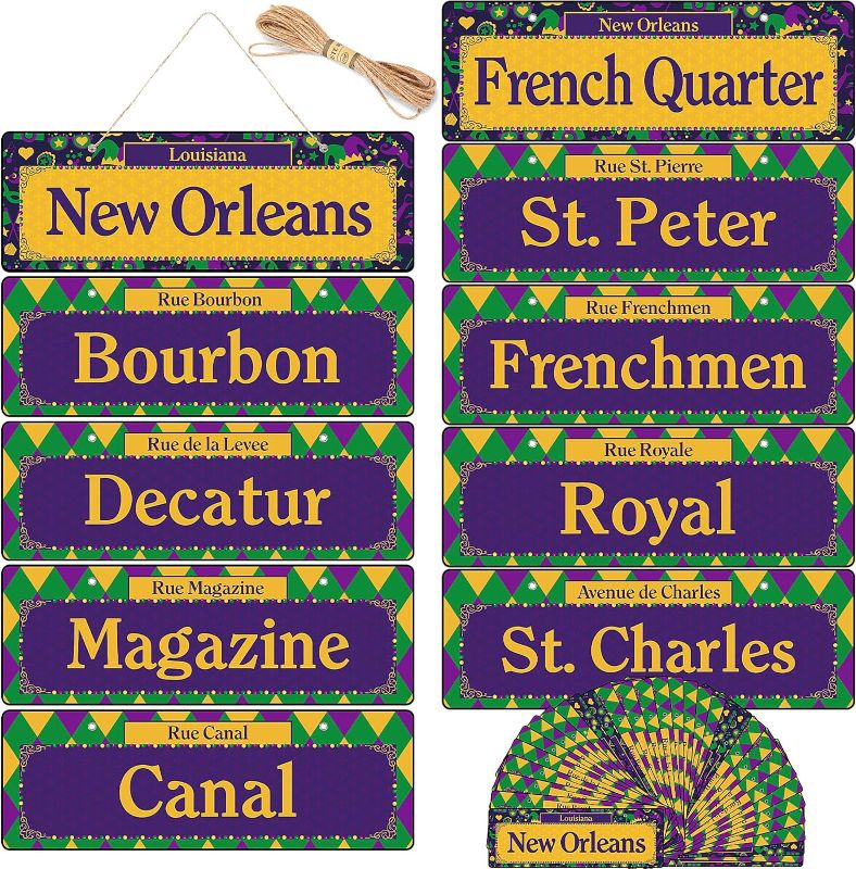 Photo 1 of Wenqik 20Pcs Large Mardi Gras Street Signs Decoration Both Sided Print PVC New Orleans Bourbon Street Sign Outdoor Ornament Mardi Gras Table Decor for Carnival Masquerade Mask Party Supply Accessories
