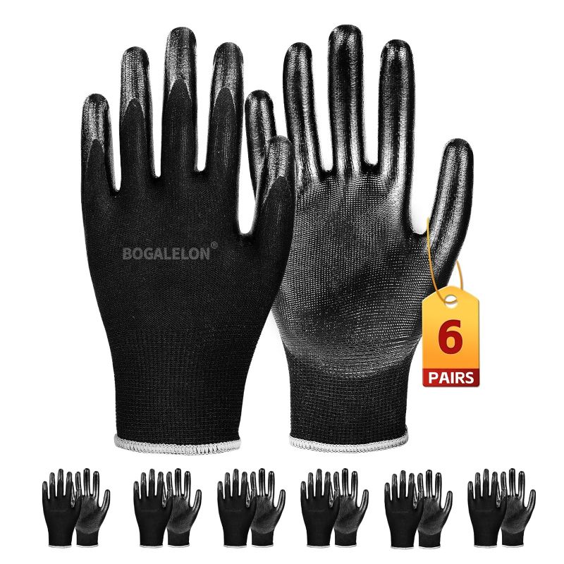 Photo 1 of Bogalelon Safety Work Gloves,6 pairs,With Nitrile Coated Palms for Excellent Grip and Protection, Suitable for Both Men and Women and Ideal for General Work. Black, Large.
