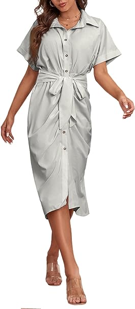 Photo 1 of LYANER Women's Collar Button Down Ruched Self Tie Short Sleeve Midi Dress, Small
