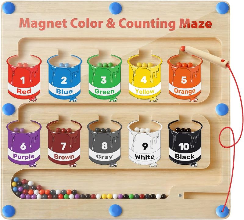 Photo 1 of Magnetic Color and Number Maze, Wooden Magnet Puzzles Board Games for Toddler, Montessori Counting Matching Toys, Color Sorting, Fine Motor Skills Toys Gifts for Boys Girls 2 3 4 5 Years Old