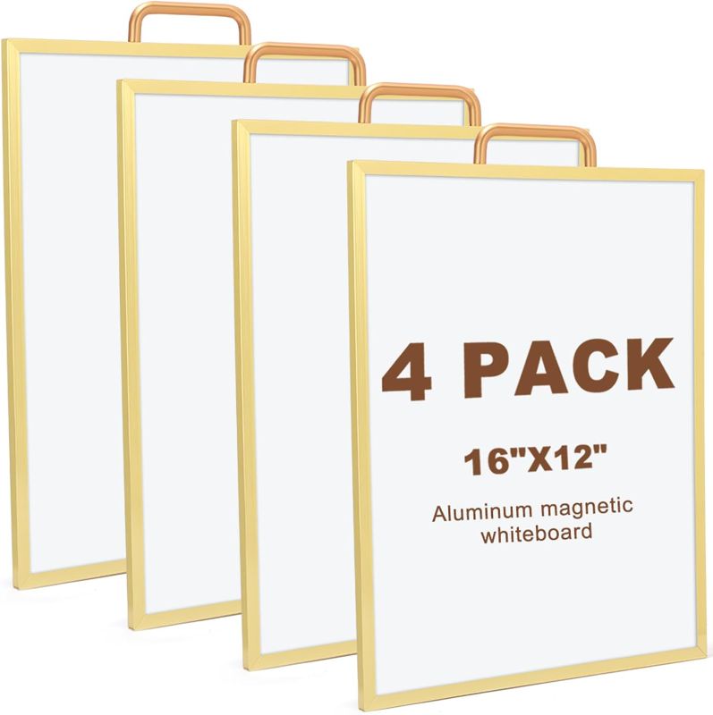 Photo 1 of Yeaqee 4 Pcs Small Dry Erase White Board 16" x 12" Hanging Magnetic Whiteboard Double Sided Mini Dry Erase Boards Portable Aluminum Frame with Hook for Wall to Do List Home Office School(Gold)
