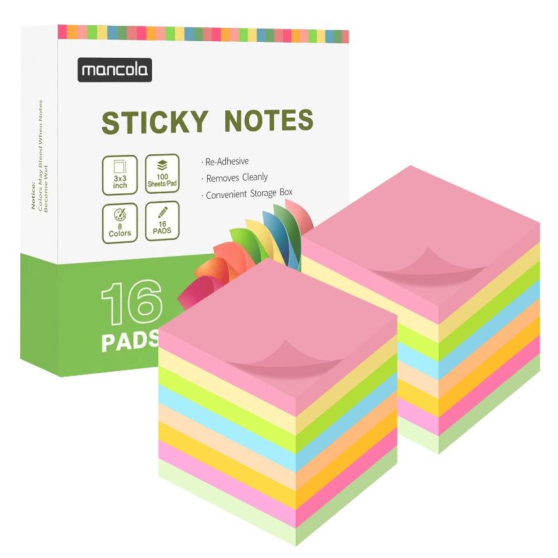 Photo 1 of Mancola Sticky Notes Post, 8 Colors Self Sticky Notes Pad Its 3X3 in,16 Pads Bright Post Stickies Colorful Big Square Sticky Notes for Office, Home, School, Meeting,100 Sheets/pad