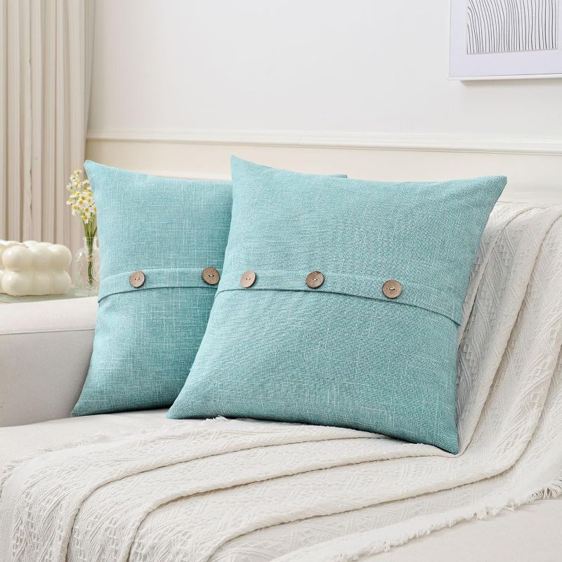 Photo 1 of Ikuoic Light Blue Linen Decorative Throw Pillow Covers 18x18 Inch Set of 2, Square Cushion Case with 3 Vintage Buttons/Hidden Zipper,Modern Farmhouse Home Decor for Couch,Bed
