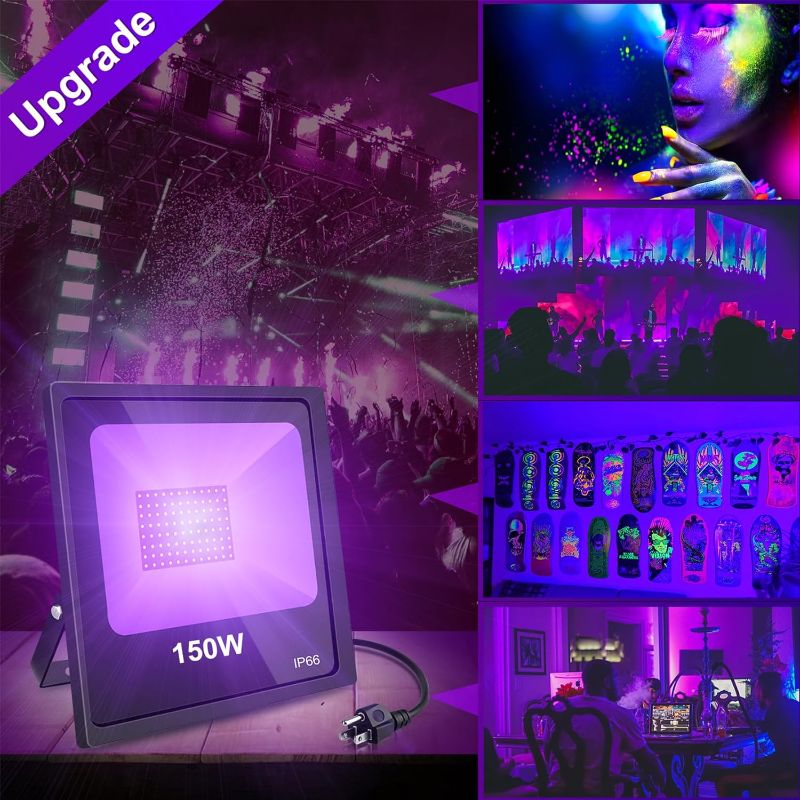 Photo 1 of  150W Black Lights 2 Pack, UV Led Black Light for Glow Party Stage Lighting, Dance Party, Body Paint, Aquarium, Glow Poster Black Light with10ft Power Cords Plug and Glow Tape, IP66 Waterproof