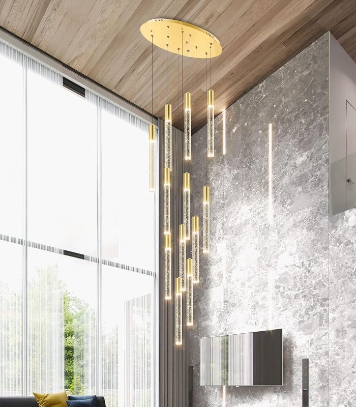 Photo 1 of 12-Light High Ceiling Chandelier for Entryway Modern Crystal Lights for Living Room Foyer Flush Mount Sloping Ceiling Pendant Light Fixture Remote Dimmable Gold