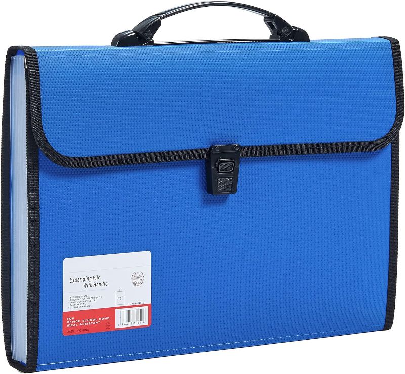Photo 1 of FANWU Legal Size 13 Pocket Accordian File Organizer Expanding File Folder for FC A4 Paper, Briefcase File Case with Durable Handle & Buckle Closure for School Home & Business (Blue)