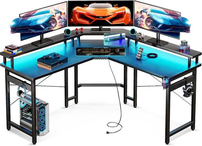 Photo 1 of ODK L Shaped Gaming Desk with LED Lights & Power Outlets, 51" Computer Desk with Full Monitor Stand, Corner Desk with Cup Holder, Gaming Table with Hooks, Black Carbon Fiber