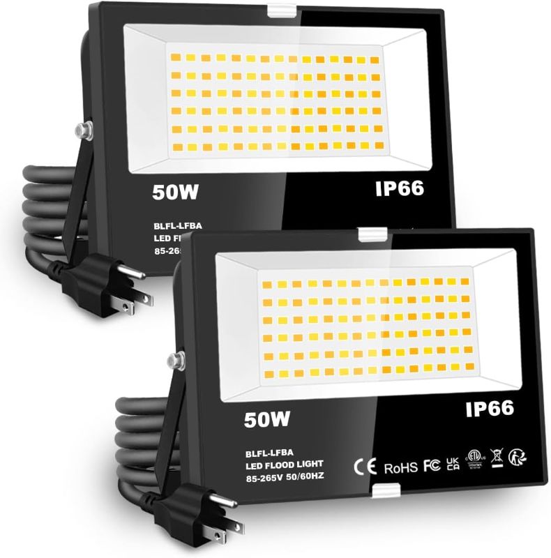 Photo 1 of 50W LED Flood Light Outdoor Work with Alexa, 5000lm, 2700K-6000K Adjustable, Timing?Smart Led Flood Security Light for Yard, Garden, Lawn, Garage, IP66 Waterproof US Plug (2 Pack)
