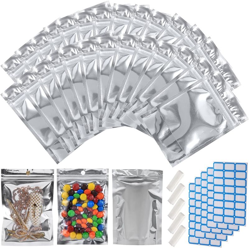 Photo 1 of 100-Pack Reclosable Large Mylar Bags for Food Storage 6" x 9" Stand Up Ziplock Pouch Bags in Bulk Resealable Smell Proof Aluminum Silver Foil Bags with Clear Window Kitchen Storage Edible Packaging
