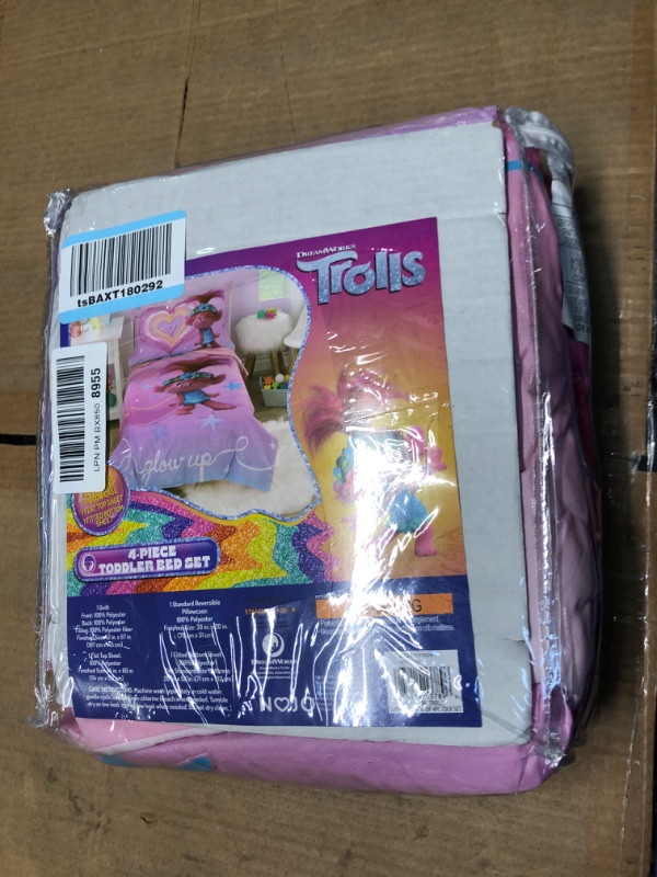 Photo 2 of NoJo DreamWorks Trolls Show Up Glow Up Pink and Blue, Hearts and Stars 4 Piece Toddler Bed Set - Comforter, Fitted Bottom Sheet, Flat Top Sheet, and Reversible Pillowcase