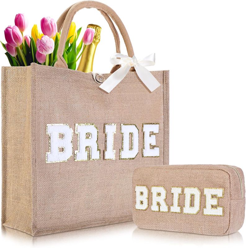 Photo 1 of 2 Pieces Wedding Bride Bag Jute Bride Tote Bag with Bridal Makeup Bag for Bachelorette Party Bridal Shower Wedding Honeymoon Gift (Bride)