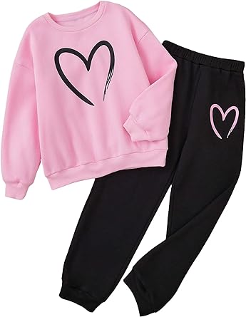 Photo 1 of COZYEASE Girls' 2 Piece Outfits Heart Graphic Thermal Lined Sweatshirt and Sweatpants Fall Outfits Set 8Y