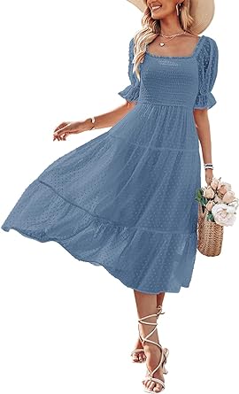 Photo 1 of MEROKEETY Women's 2024 Summer Square Neck Puff Sleeve Boho Midi Dress Swiss Dot Ruffle Flowy Tie Back Dress L