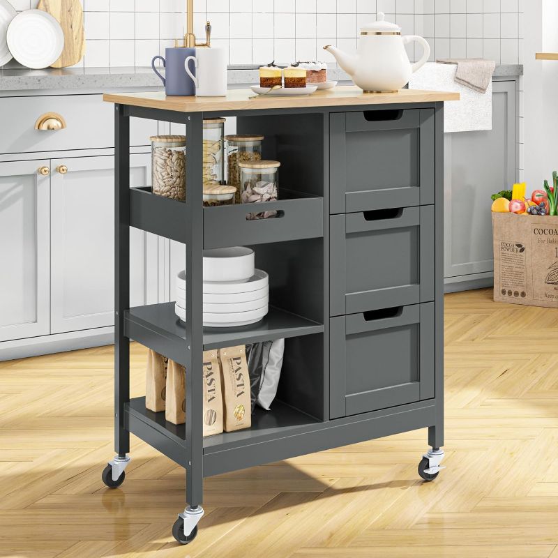 Photo 1 of YITAHOME Small Solid Wood Top Kitchen Island Cart on Wheels with Storage, Rolling Portable Dining Room Serving Utility Carts Mobile Movable with 3 Drawers Cabinet, Oak & Gray
