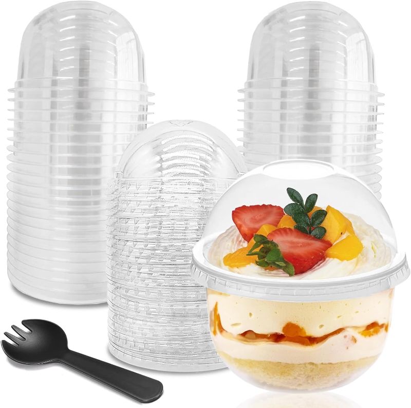 Photo 1 of 50 Pack Plastic Cups with Dome Lids and Spoons, 8 oz Clear Dessert Cups with No Hole Lids, Mini Disposable Parfait Cups for Fruit Ice Cream Pudding Yogurt Trifle
