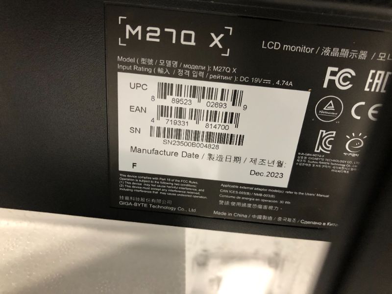 Photo 5 of *** MAJOR DAMAGED***
GIGABYTE M27Q X 27" 240Hz 1440P -KVM Gaming -Monitor, 2560 x 1440 SS IPS Display, 1ms (MPRT) Response Time, 92% DCI-P3, 1x Display Port 1.4, 2x HDMI 2.0, 2x USB 3.0, 1x USB Type-C 27 inch Flat|QHD|IPS M Series 240Hz