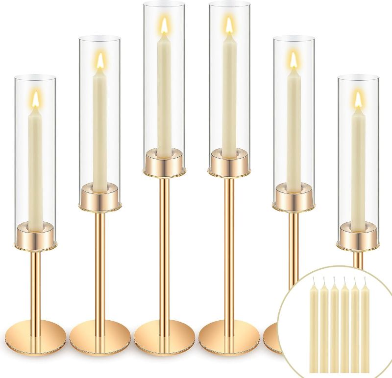 Photo 1 of 6 Sets 12 Pcs Clear Glass Hurricane Candlestick Holder Tall Taper Glass Candle Holder with Candles Vintage Cylinder Chimney Candle Holder Set for Home Wedding Christmas Table Decor(Gold)
