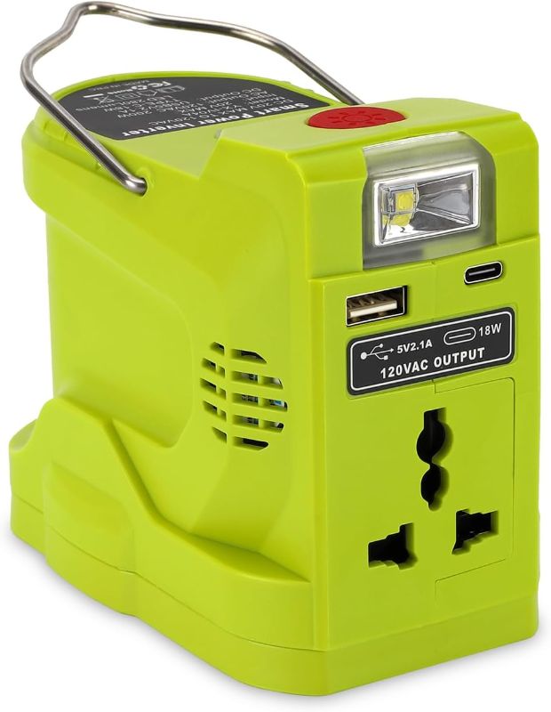 Photo 1 of ***DAMAGED*** BATTERY****
 200W Power Inverter for Ryobi 18V Battery,DC 18V to AC 110-120V Battery Inverter with 1 USB Port, 1 USB-C Port,280lm LED Light for Outdoors Camping Travel Hunting Emergency(Tool Only)
