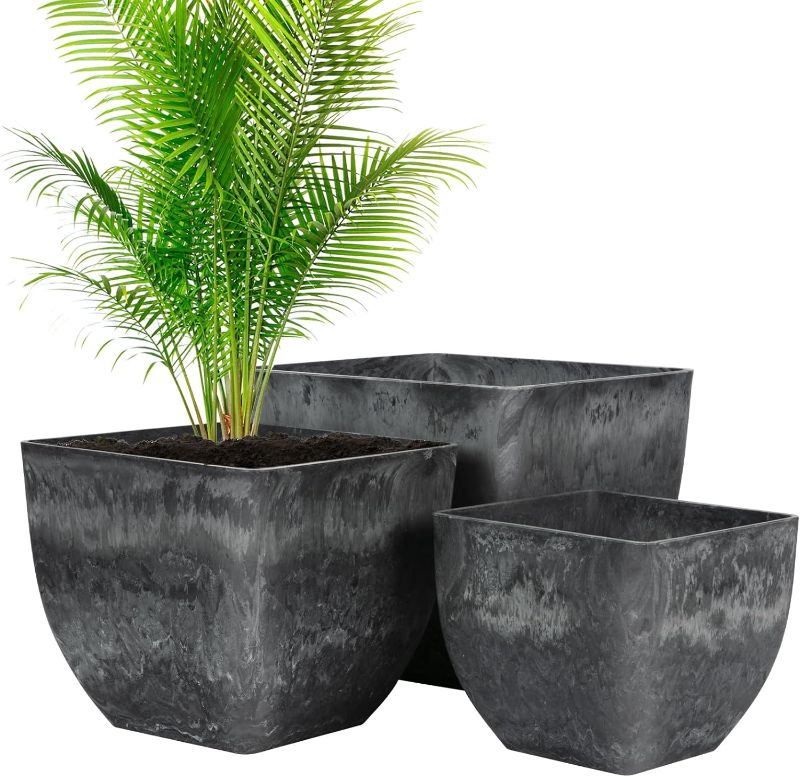 Photo 1 of 12/10/8 inch 3 Sets Square Tapered Grey Plant Pots, Gray Large Planter Pots for Outdoor Plants, Modern Decorative Flower Pot with Drainage for Indoor Plants Home Garden Decor
