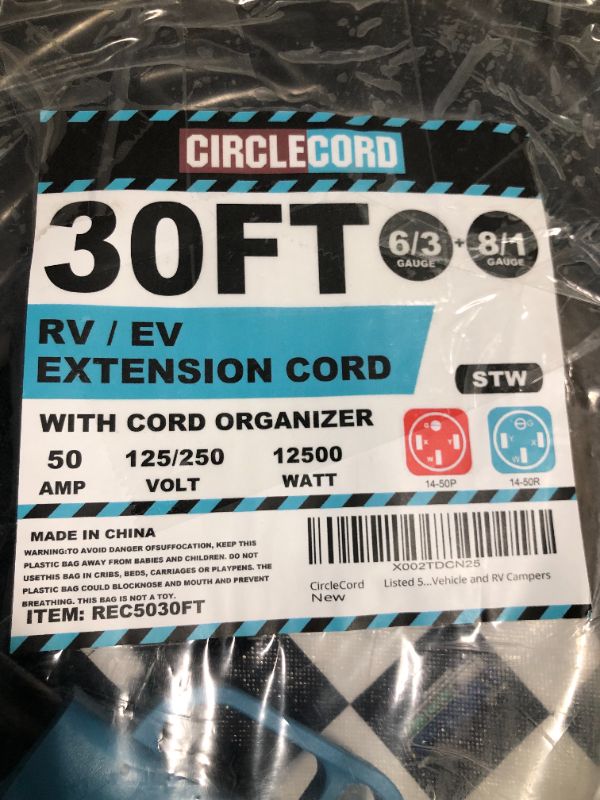 Photo 3 of CircleCord RV/EV Extension Cord 30FT With Cord Organizer  50AMP | 125/250 VOLT  | 12500 WATT*****USED*** 