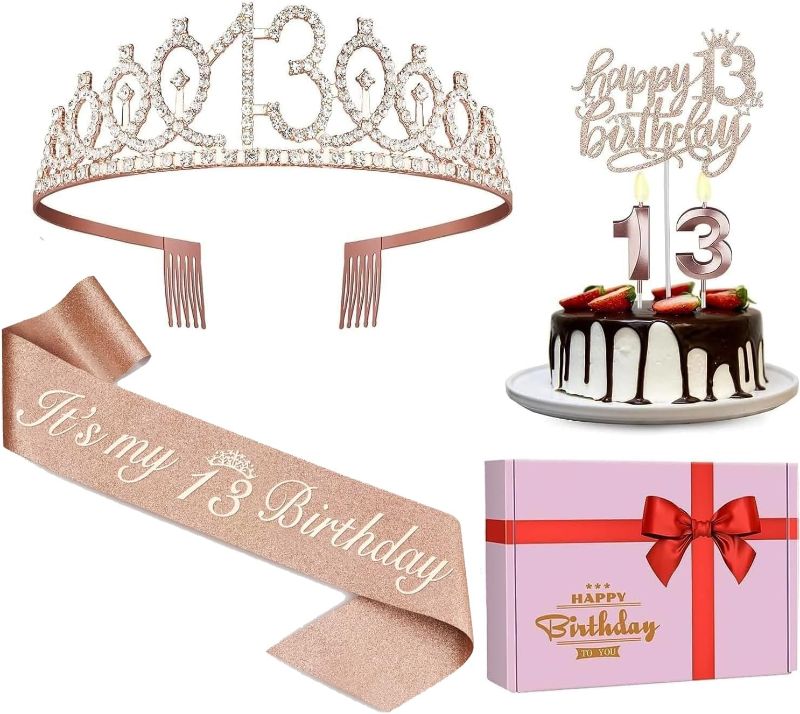 Photo 1 of 13th Birthday Decorations for Girls, Including 13th Birthday Sash, Crown/Tiara, Candles and Cake Toppers, Rose Gold Teen Girl Gifts for 13 Year Old Birthday Decorations