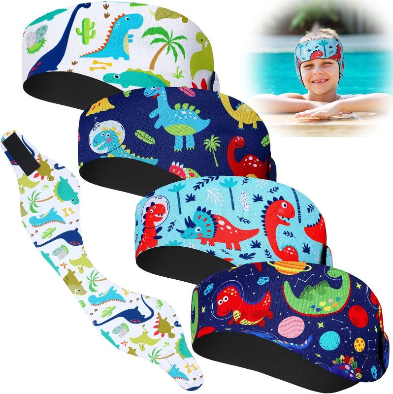 Photo 1 of 4 Pieces Swimming Headband Swimming Ear Band Adjustable Swim Headband Keeping Water Out Ear Protection Headband for Kids Adults Surfing Bathing Kayaking (Dinosaur Style)
